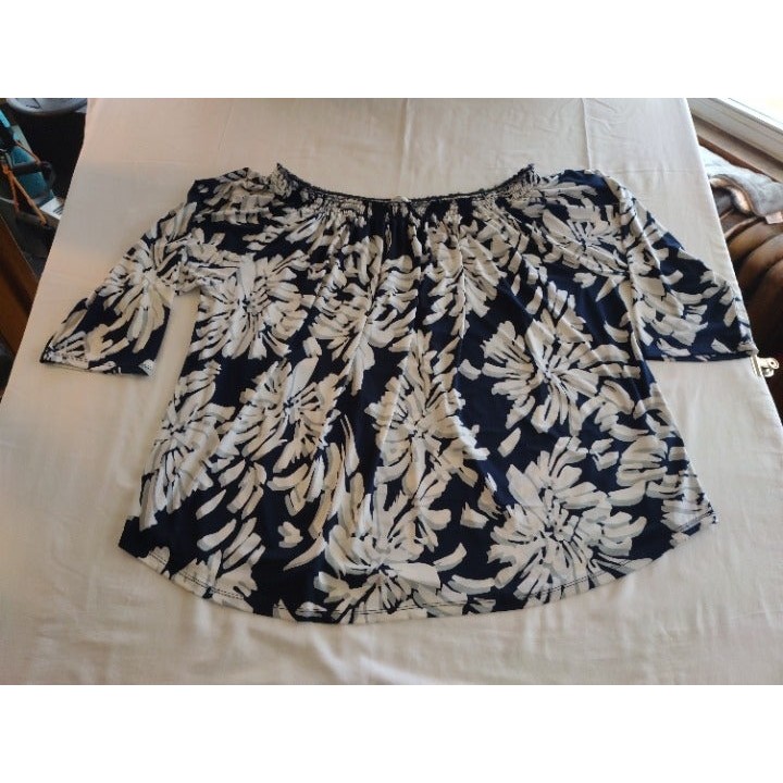 Avenue Navy Blue/White/Grey Wide Neck 3/4 Sleeve Top/Blouse, Wm's Plus Sz 26/28